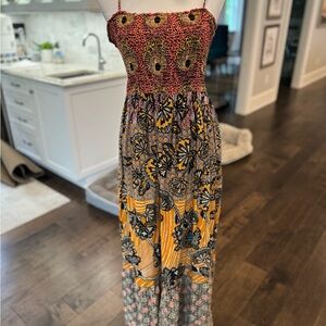 Anthropologie Coral/Black/Orange Floral Smocked Strapless Sundress